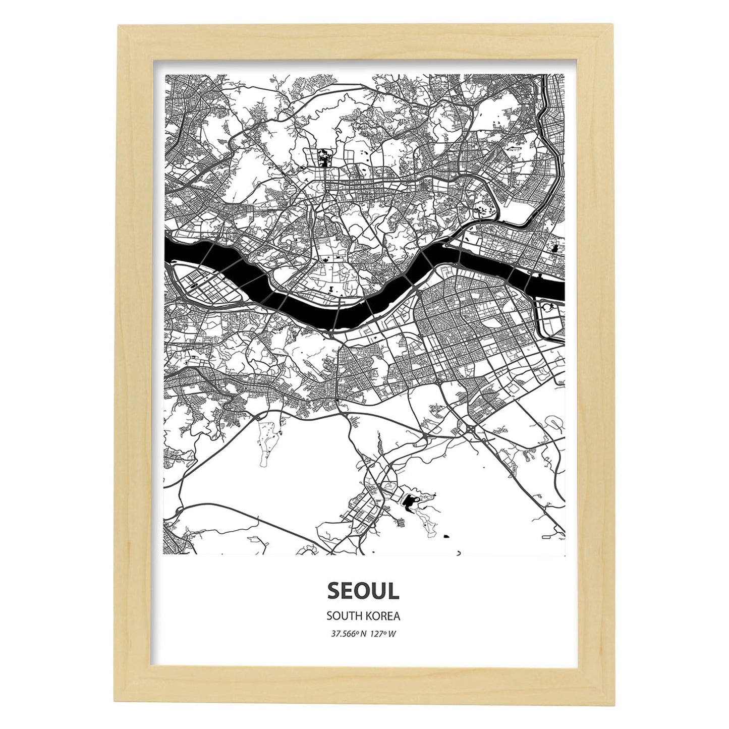 Poster con mapa de Seoul - Corea del Sur. Láminas de ciudades de Asia con mares y ríos en color negro.-Artwork-Nacnic-A3-Marco Madera clara-Nacnic Estudio SL