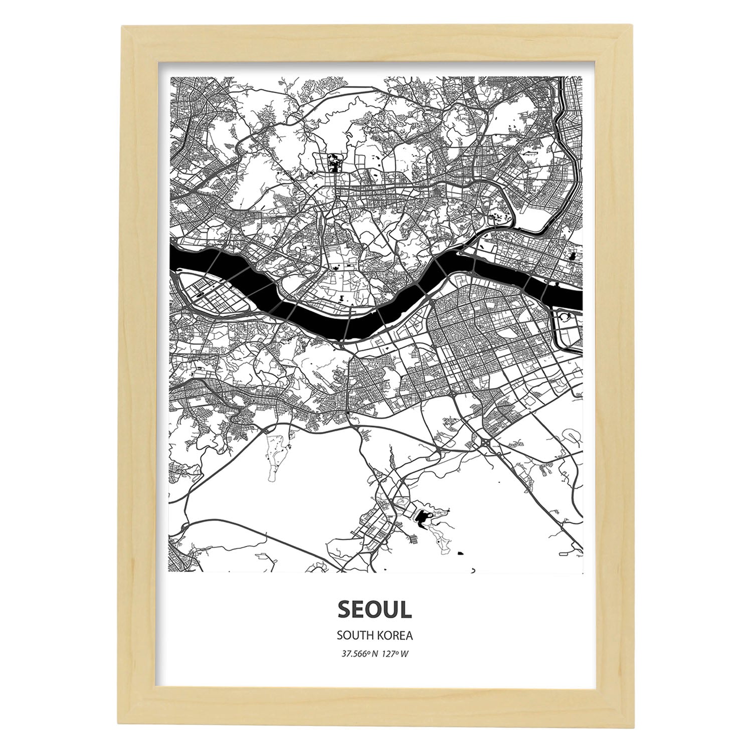 Poster con mapa de Seoul - Corea del Sur. Láminas de ciudades de Asia con mares y ríos en color negro.-Artwork-Nacnic-A3-Marco Madera clara-Nacnic Estudio SL