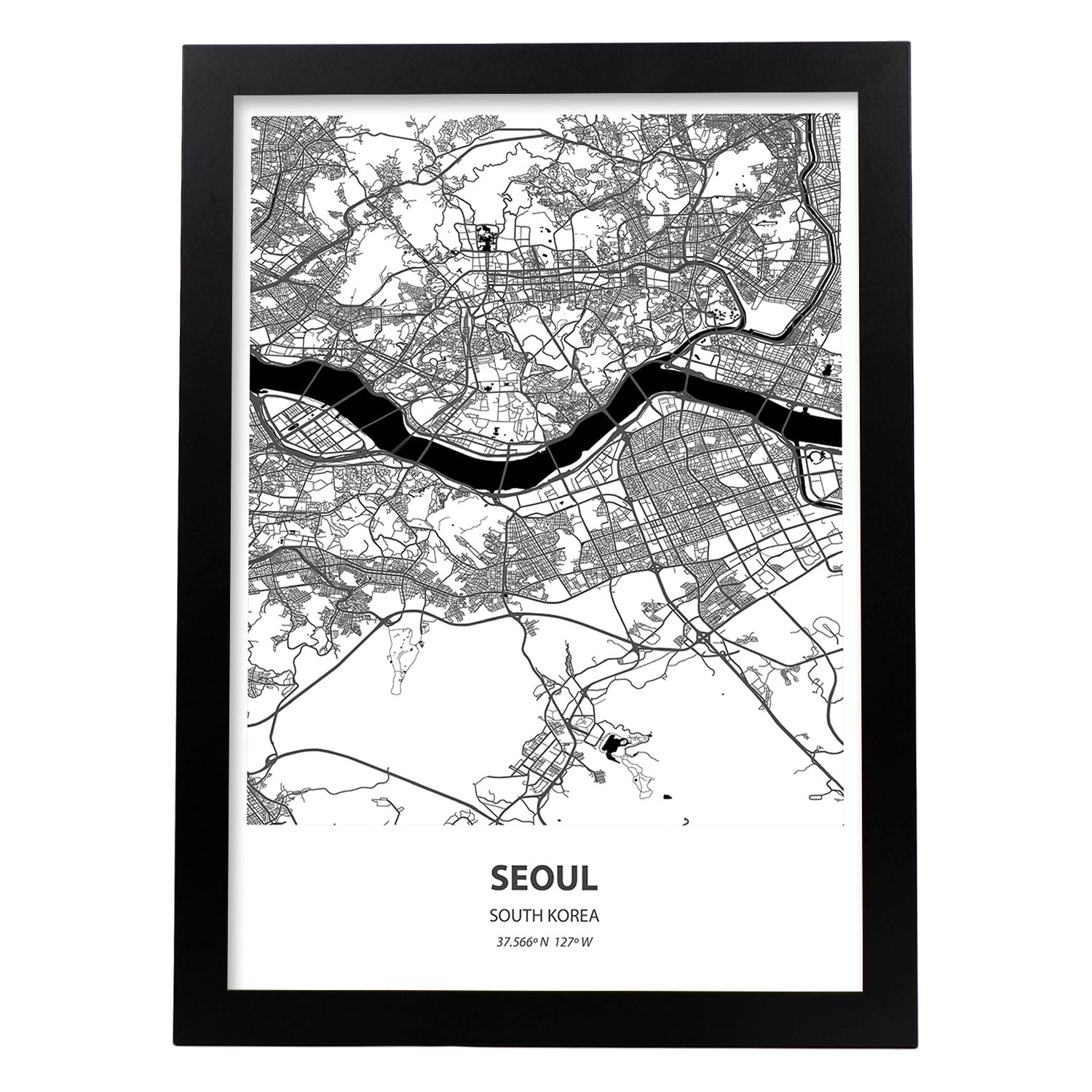 Poster con mapa de Seoul - Corea del Sur. Láminas de ciudades de Asia con mares y ríos en color negro.-Artwork-Nacnic-A3-Marco Negro-Nacnic Estudio SL