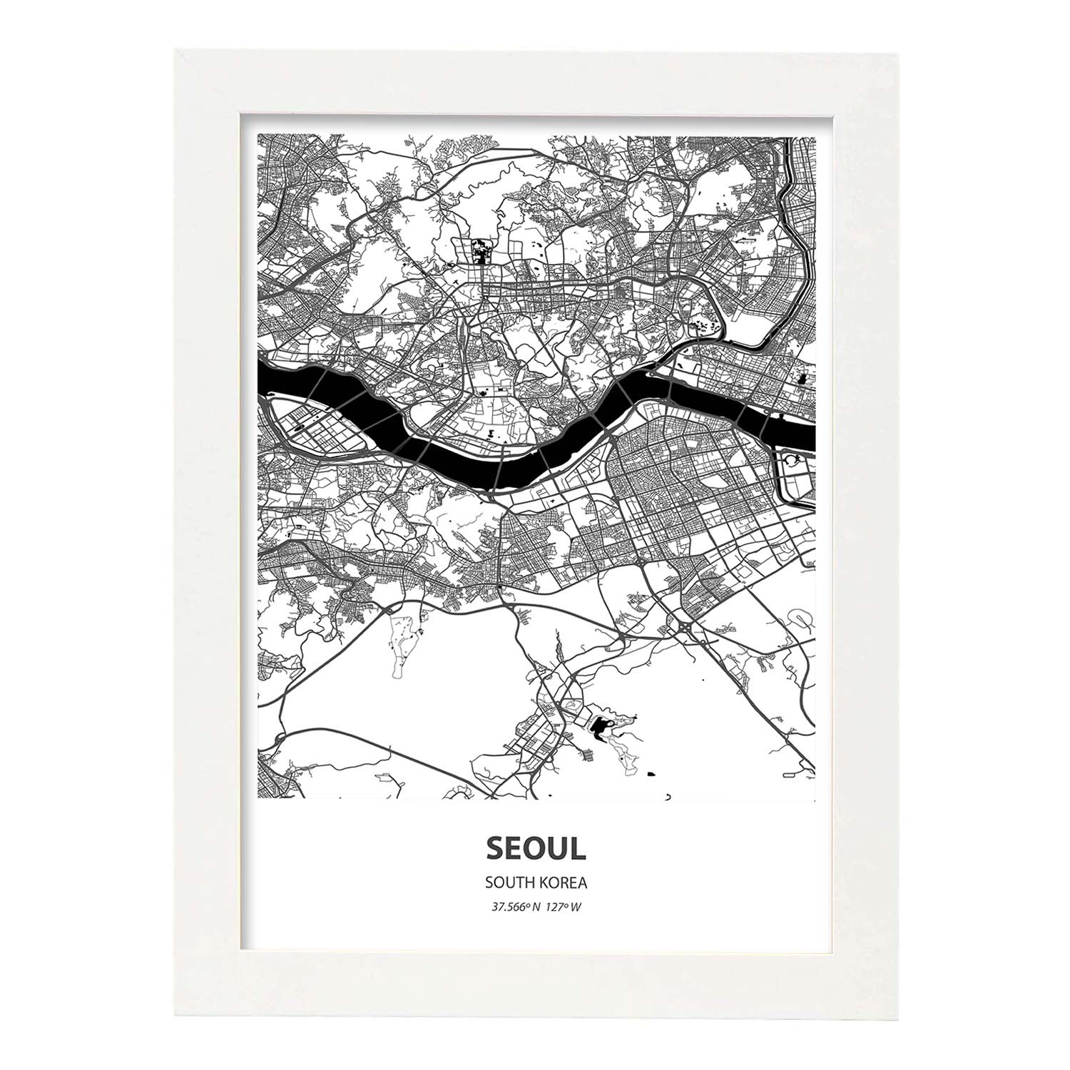 Poster con mapa de Seoul - Corea del Sur. Láminas de ciudades de Asia con mares y ríos en color negro.-Artwork-Nacnic-A4-Marco Blanco-Nacnic Estudio SL