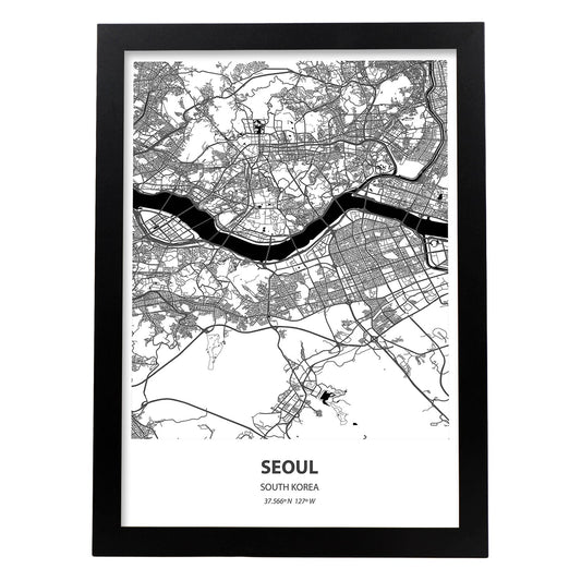 Poster con mapa de Seoul - Corea del Sur. Láminas de ciudades de Asia con mares y ríos en color negro.-Artwork-Nacnic-A4-Marco Negro-Nacnic Estudio SL