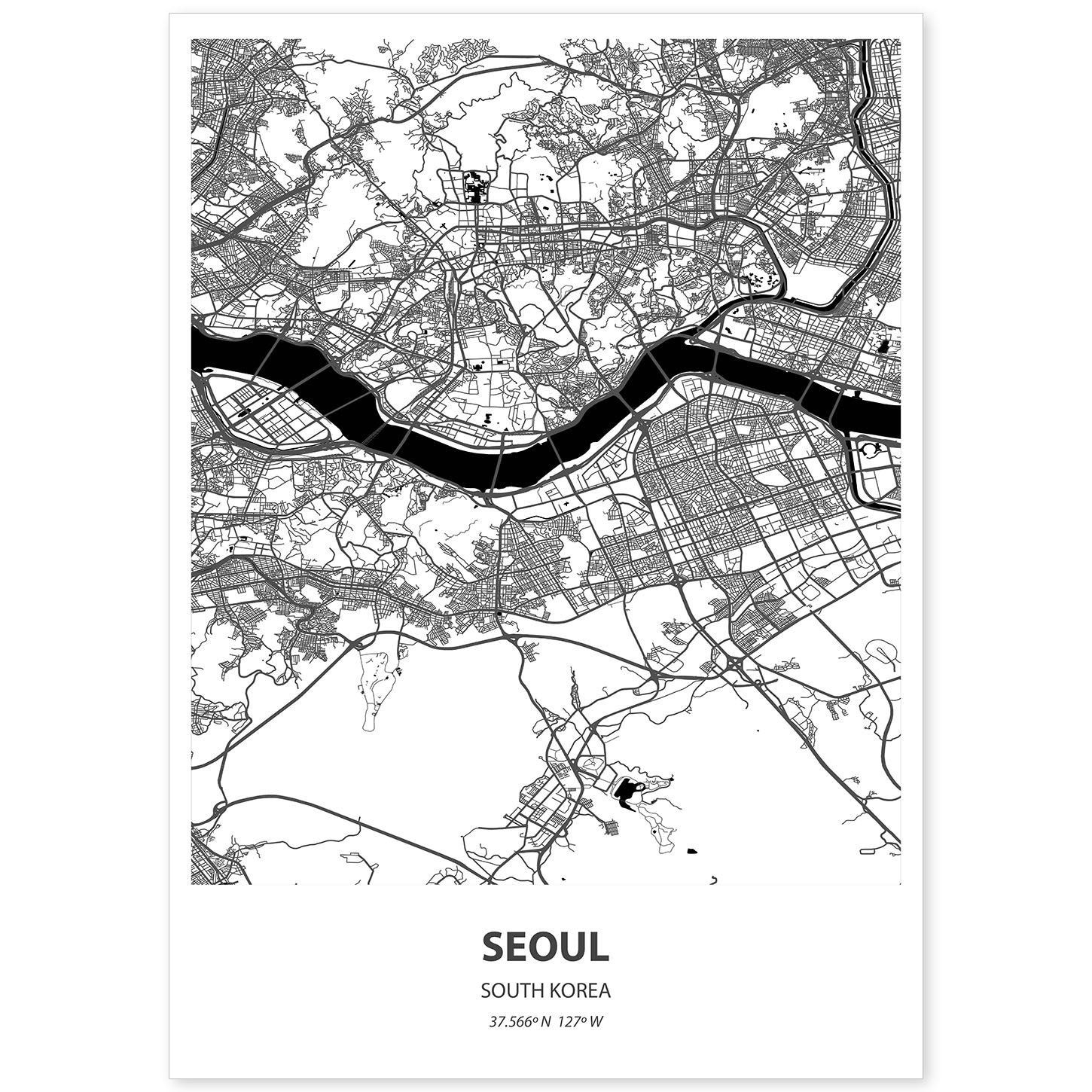 Poster con mapa de Seoul - Corea del Sur. Láminas de ciudades de Asia con mares y ríos en color negro.-Artwork-Nacnic-A4-Sin marco-Nacnic Estudio SL