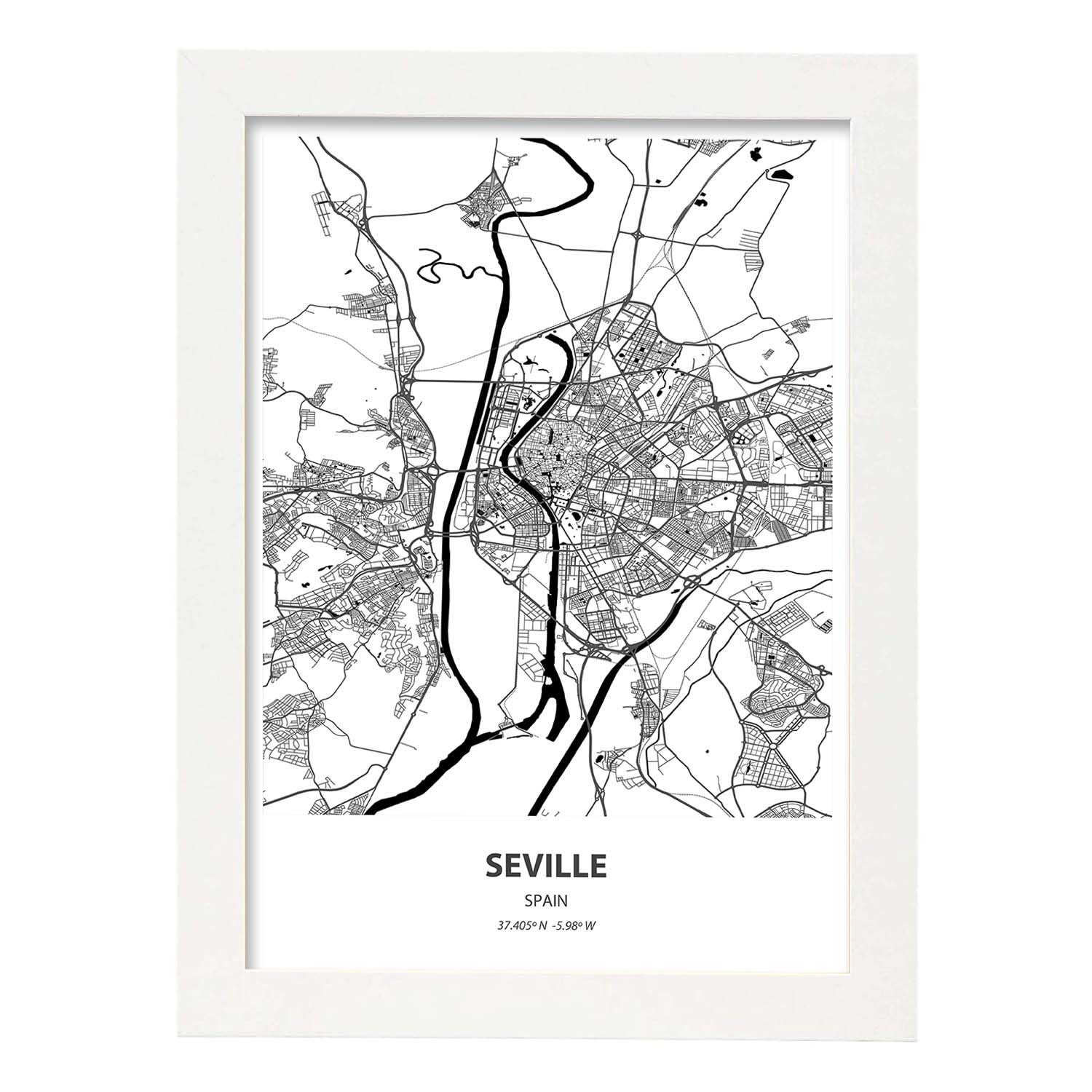 Poster con mapa de Seville - España. Láminas de ciudades de España con mares y ríos en color negro.-Artwork-Nacnic-A3-Marco Blanco-Nacnic Estudio SL