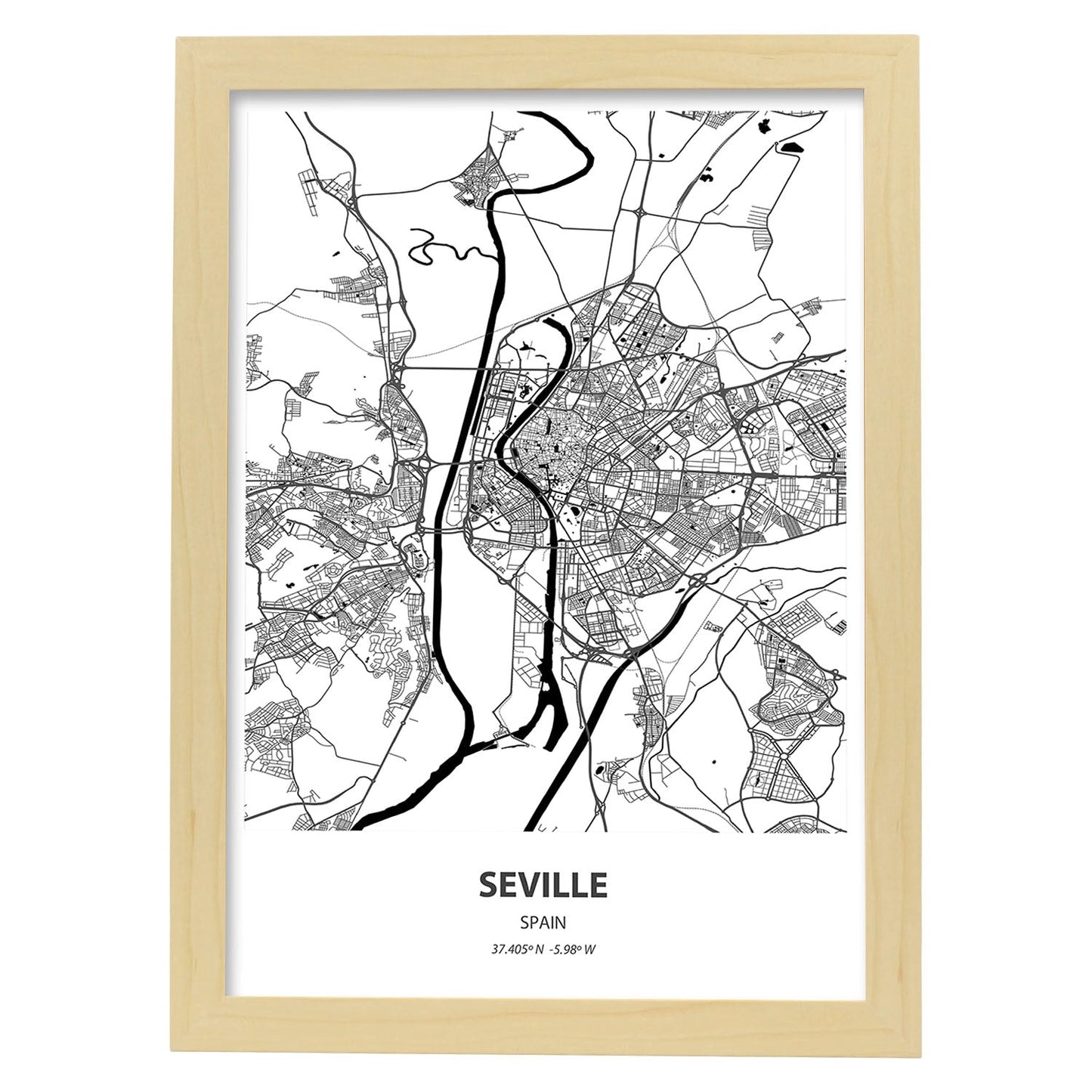 Poster con mapa de Seville - España. Láminas de ciudades de España con mares y ríos en color negro.-Artwork-Nacnic-A3-Marco Madera clara-Nacnic Estudio SL