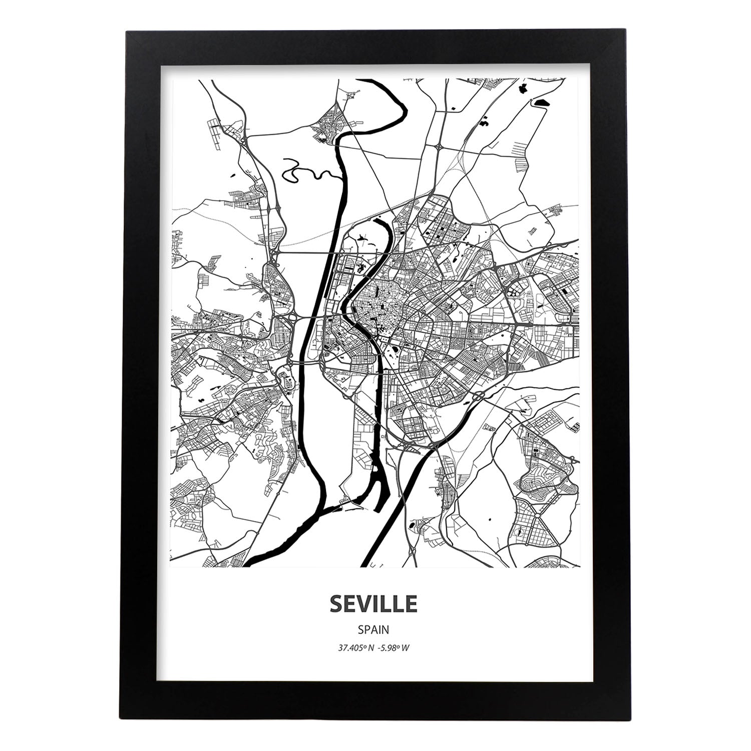 Poster con mapa de Seville - España. Láminas de ciudades de España con mares y ríos en color negro.-Artwork-Nacnic-A3-Marco Negro-Nacnic Estudio SL