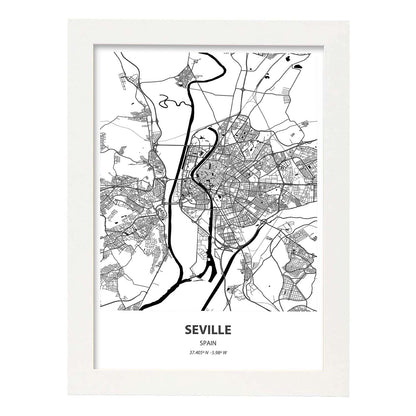 Poster con mapa de Seville - España. Láminas de ciudades de España con mares y ríos en color negro.-Artwork-Nacnic-A4-Marco Blanco-Nacnic Estudio SL