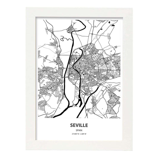 Poster con mapa de Seville - España. Láminas de ciudades de España con mares y ríos en color negro.-Artwork-Nacnic-A4-Marco Blanco-Nacnic Estudio SL