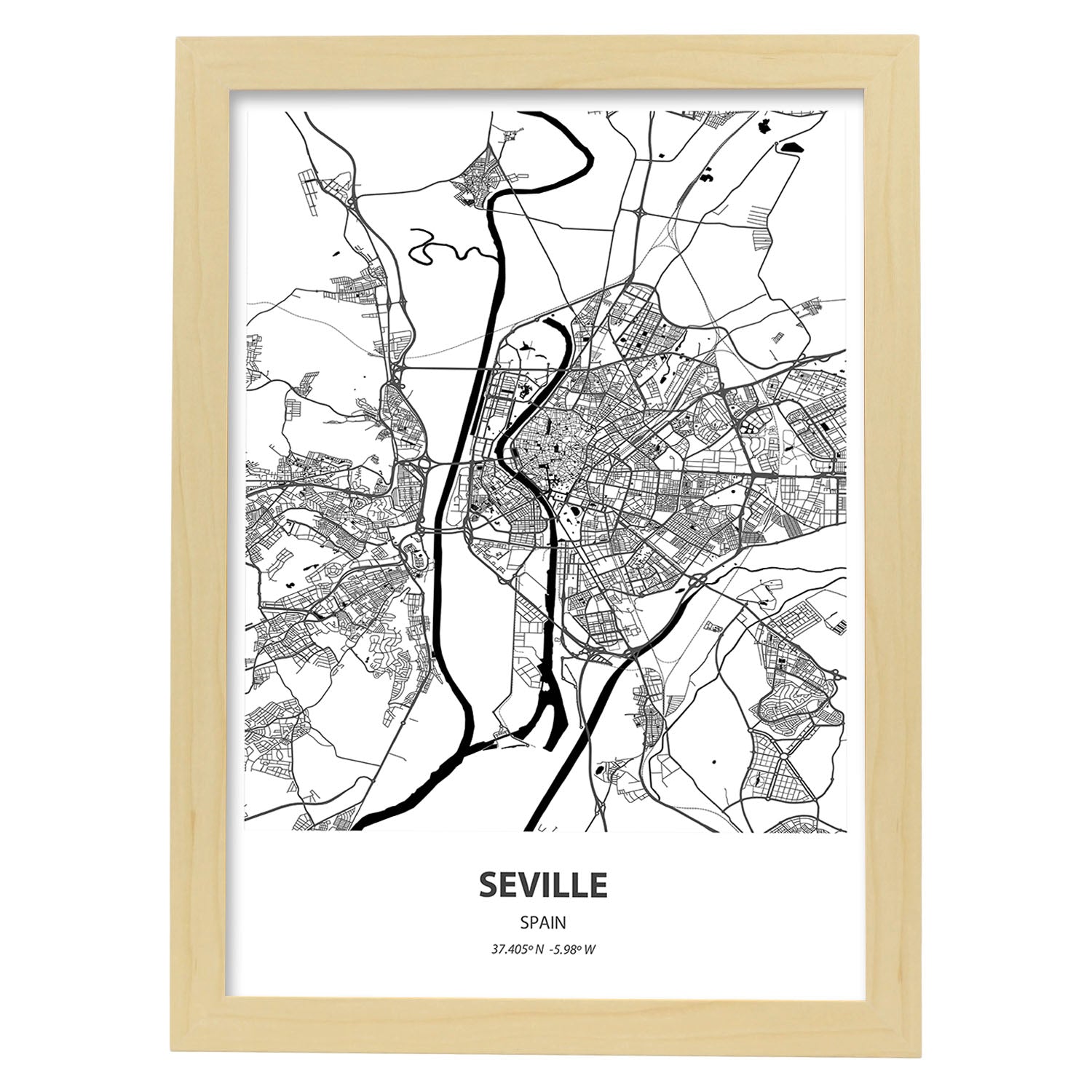 Poster con mapa de Seville - España. Láminas de ciudades de España con mares y ríos en color negro.-Artwork-Nacnic-A4-Marco Madera clara-Nacnic Estudio SL