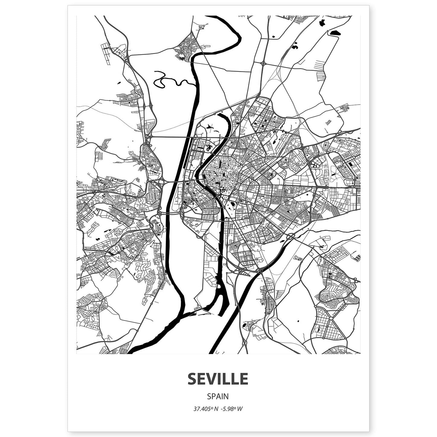 Poster con mapa de Seville - España. Láminas de ciudades de España con mares y ríos en color negro.-Artwork-Nacnic-A4-Sin marco-Nacnic Estudio SL