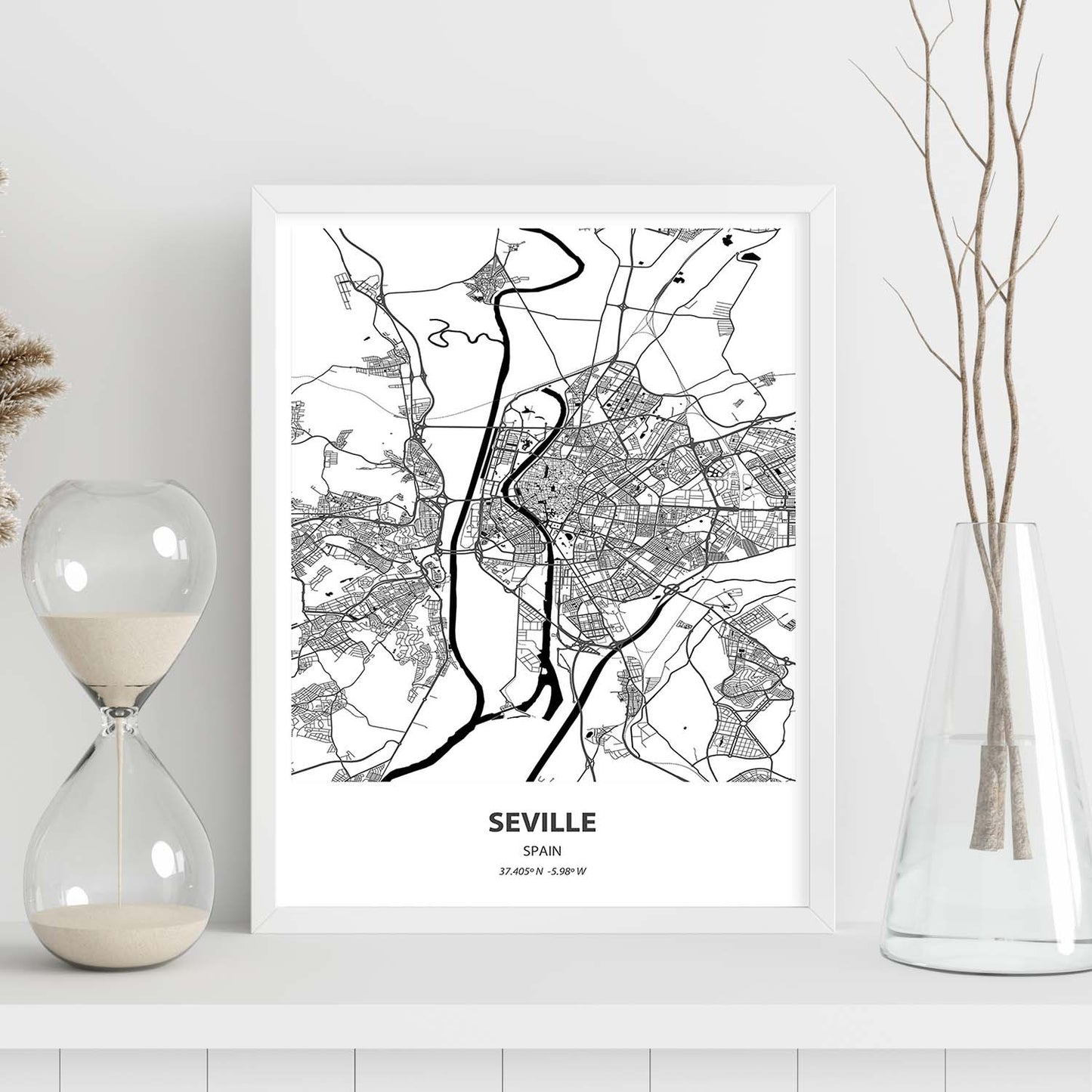 Poster con mapa de Seville - España. Láminas de ciudades de España con mares y ríos en color negro.-Artwork-Nacnic-Nacnic Estudio SL