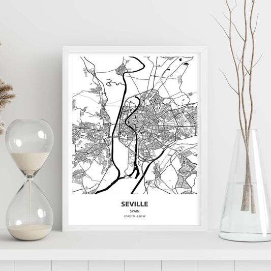 Poster con mapa de Seville - España. Láminas de ciudades de España con mares y ríos en color negro.-Artwork-Nacnic-Nacnic Estudio SL