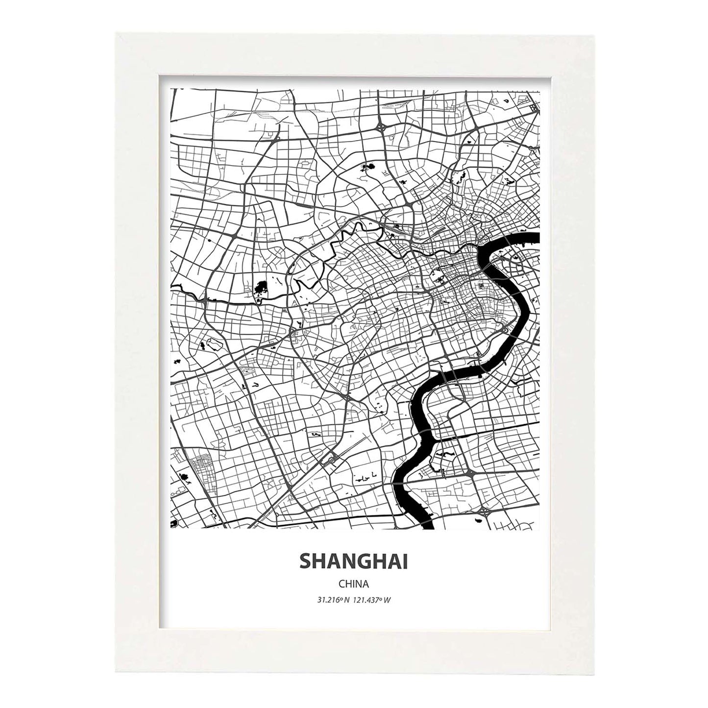 Poster con mapa de Shanghai - China. Láminas de ciudades de Asia con mares y ríos en color negro.-Artwork-Nacnic-A3-Marco Blanco-Nacnic Estudio SL