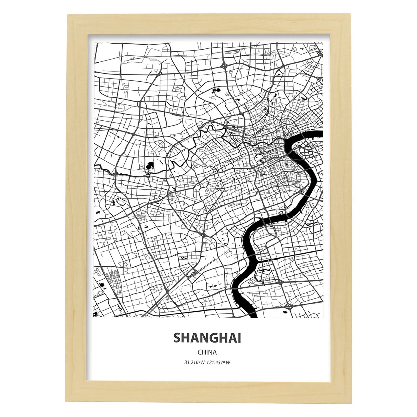 Poster con mapa de Shanghai - China. Láminas de ciudades de Asia con mares y ríos en color negro.-Artwork-Nacnic-A3-Marco Madera clara-Nacnic Estudio SL