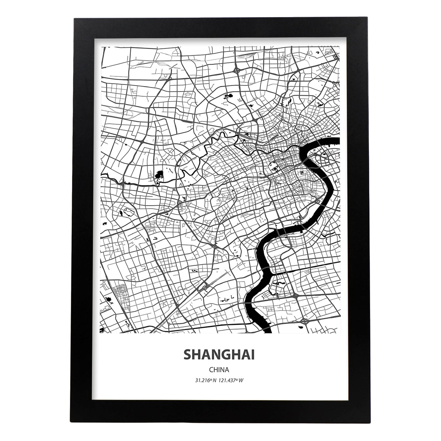 Poster con mapa de Shanghai - China. Láminas de ciudades de Asia con mares y ríos en color negro.-Artwork-Nacnic-A3-Marco Negro-Nacnic Estudio SL