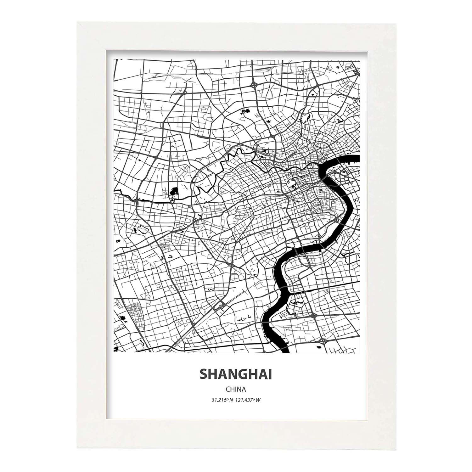 Poster con mapa de Shanghai - China. Láminas de ciudades de Asia con mares y ríos en color negro.-Artwork-Nacnic-A4-Marco Blanco-Nacnic Estudio SL