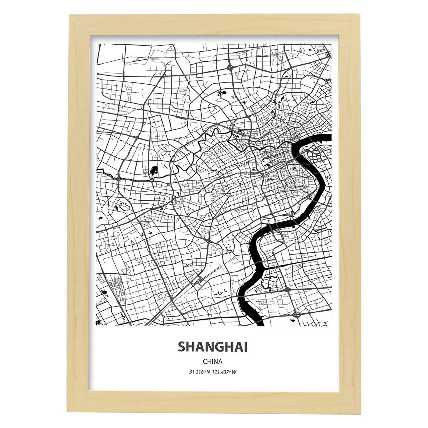 Poster con mapa de Shanghai - China. Láminas de ciudades de Asia con mares y ríos en color negro.-Artwork-Nacnic-A4-Marco Madera clara-Nacnic Estudio SL