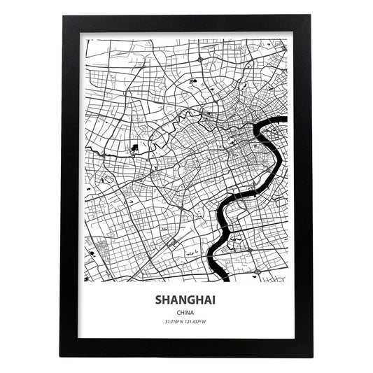 Poster con mapa de Shanghai - China. Láminas de ciudades de Asia con mares y ríos en color negro.-Artwork-Nacnic-A4-Marco Negro-Nacnic Estudio SL