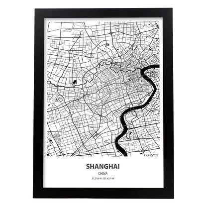 Poster con mapa de Shanghai - China. Láminas de ciudades de Asia con mares y ríos en color negro.-Artwork-Nacnic-A4-Marco Negro-Nacnic Estudio SL