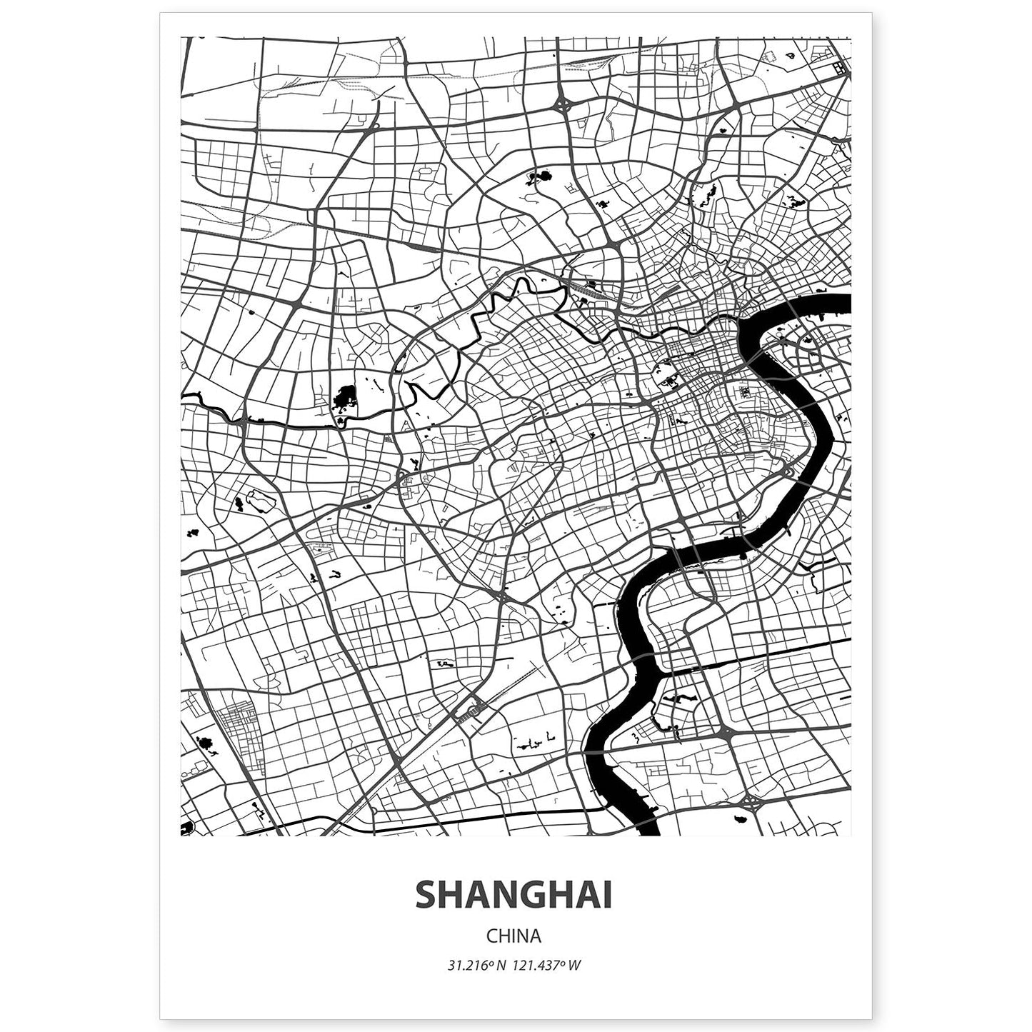 Poster con mapa de Shanghai - China. Láminas de ciudades de Asia con mares y ríos en color negro.-Artwork-Nacnic-A4-Sin marco-Nacnic Estudio SL