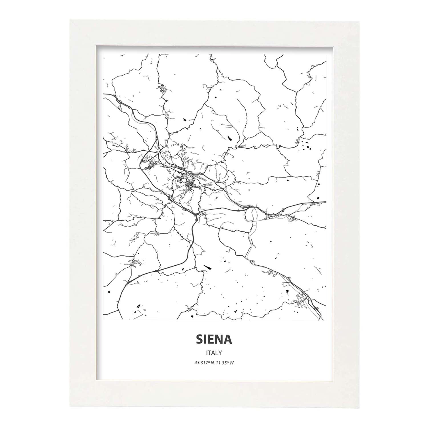 Poster con mapa de Siena - Italia. Láminas de ciudades de Italia con mares y ríos en color negro.-Artwork-Nacnic-A3-Marco Blanco-Nacnic Estudio SL