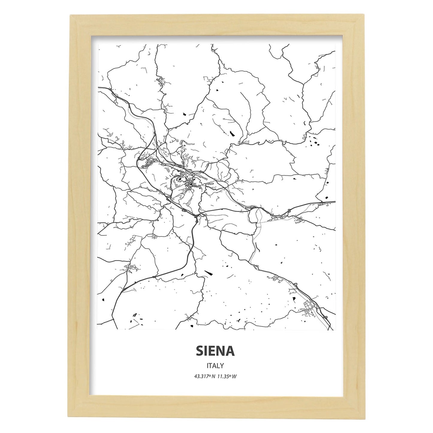 Poster con mapa de Siena - Italia. Láminas de ciudades de Italia con mares y ríos en color negro.-Artwork-Nacnic-A3-Marco Madera clara-Nacnic Estudio SL