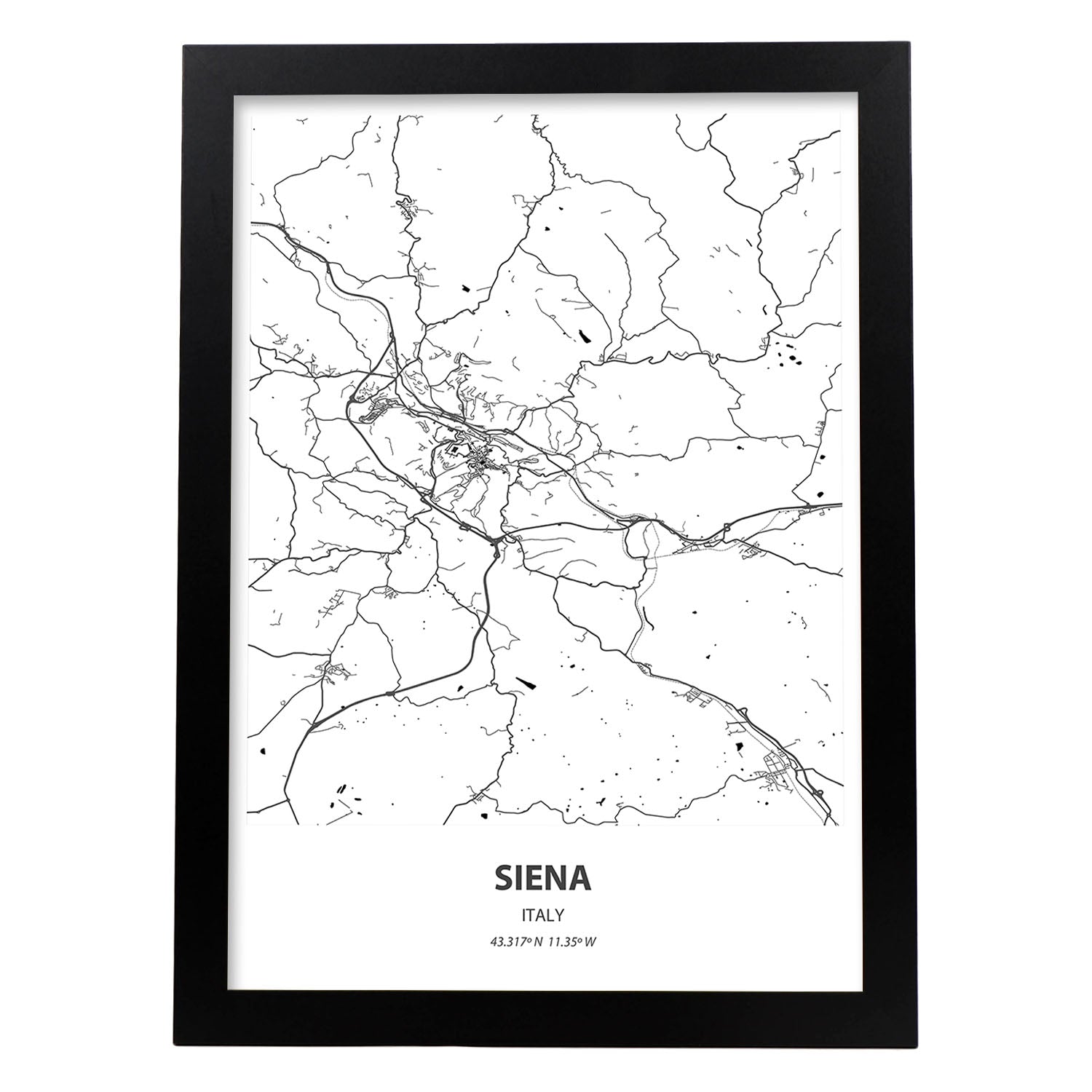 Poster con mapa de Siena - Italia. Láminas de ciudades de Italia con mares y ríos en color negro.-Artwork-Nacnic-A3-Marco Negro-Nacnic Estudio SL