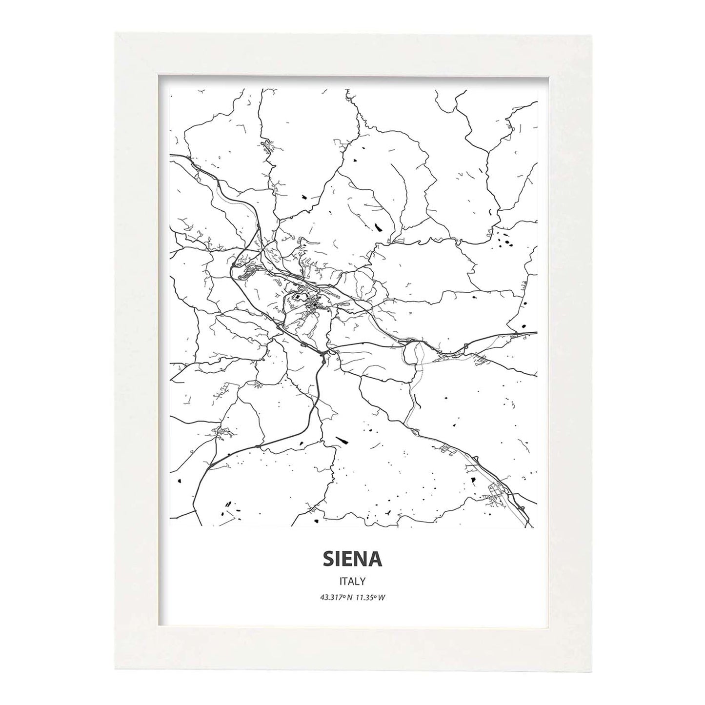 Poster con mapa de Siena - Italia. Láminas de ciudades de Italia con mares y ríos en color negro.-Artwork-Nacnic-A4-Marco Blanco-Nacnic Estudio SL
