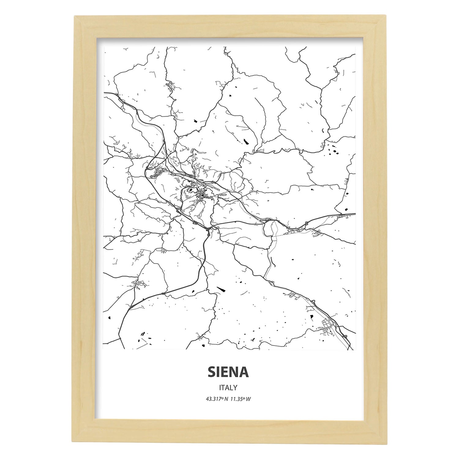 Poster con mapa de Siena - Italia. Láminas de ciudades de Italia con mares y ríos en color negro.-Artwork-Nacnic-A4-Marco Madera clara-Nacnic Estudio SL