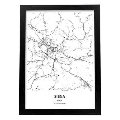 Poster con mapa de Siena - Italia. Láminas de ciudades de Italia con mares y ríos en color negro.-Artwork-Nacnic-A4-Marco Negro-Nacnic Estudio SL
