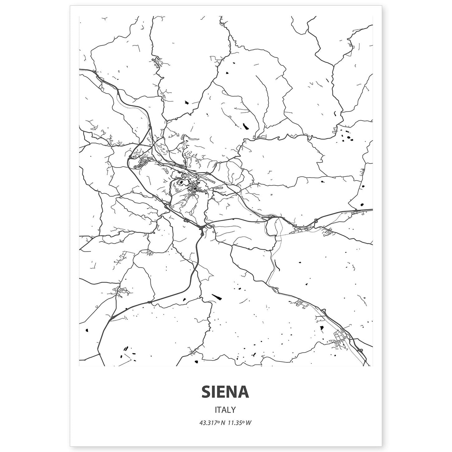 Poster con mapa de Siena - Italia. Láminas de ciudades de Italia con mares y ríos en color negro.-Artwork-Nacnic-A4-Sin marco-Nacnic Estudio SL