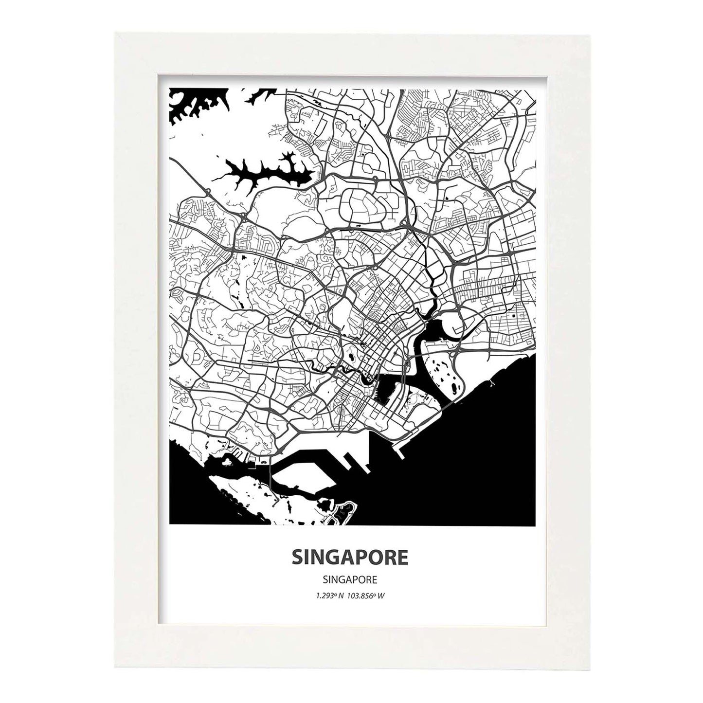 Poster con mapa de Singapur - Singapur. Láminas de ciudades de Asia con mares y ríos en color negro.-Artwork-Nacnic-A3-Marco Blanco-Nacnic Estudio SL