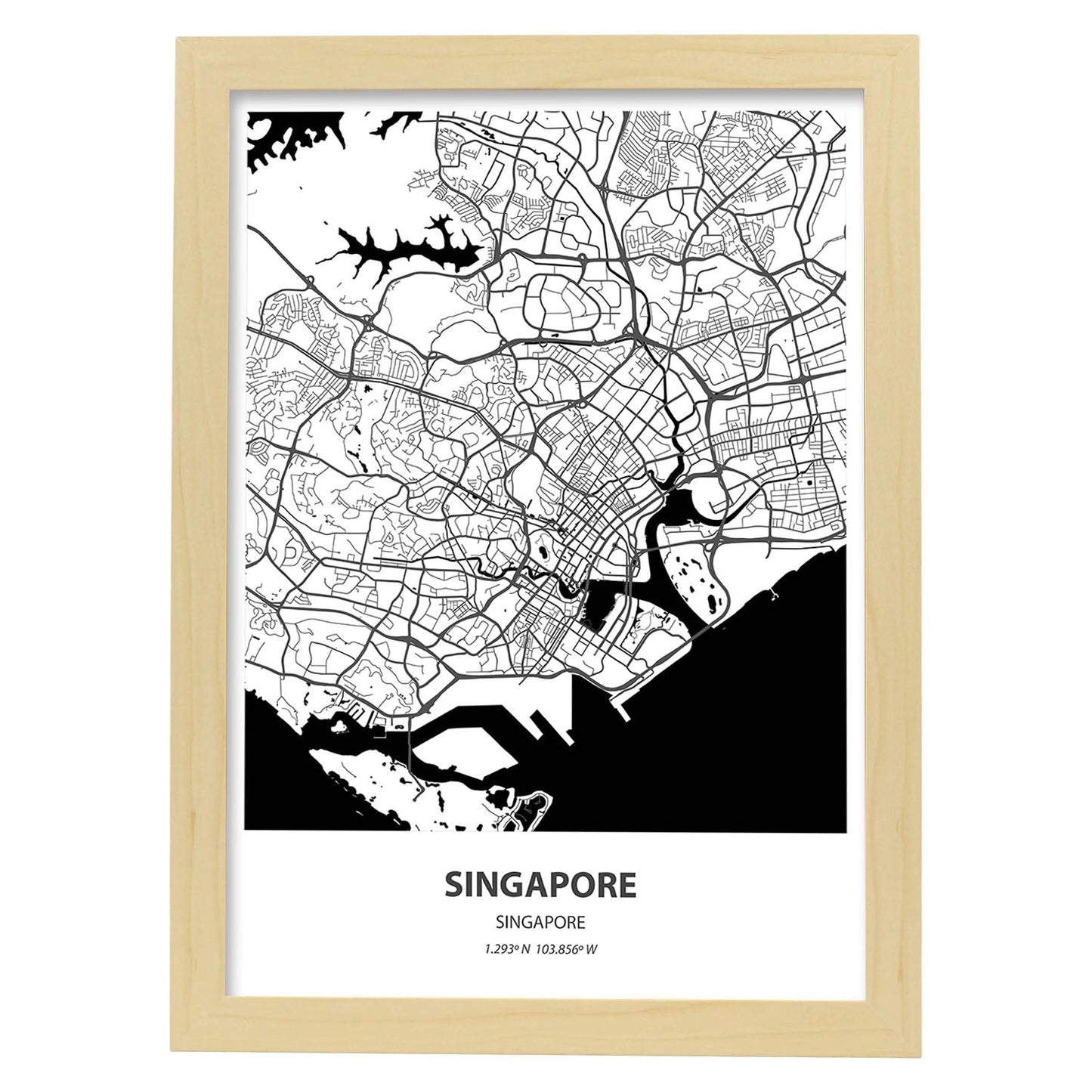 Poster con mapa de Singapur - Singapur. Láminas de ciudades de Asia con mares y ríos en color negro.-Artwork-Nacnic-A3-Marco Madera clara-Nacnic Estudio SL