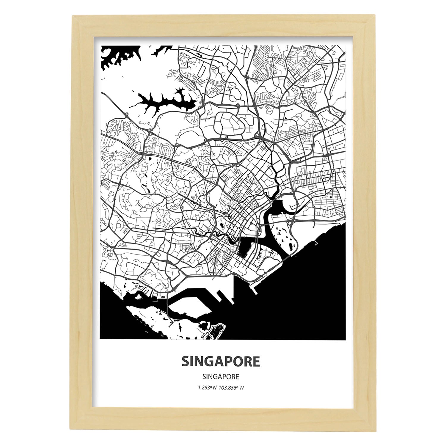 Poster con mapa de Singapur - Singapur. Láminas de ciudades de Asia con mares y ríos en color negro.-Artwork-Nacnic-A3-Marco Madera clara-Nacnic Estudio SL