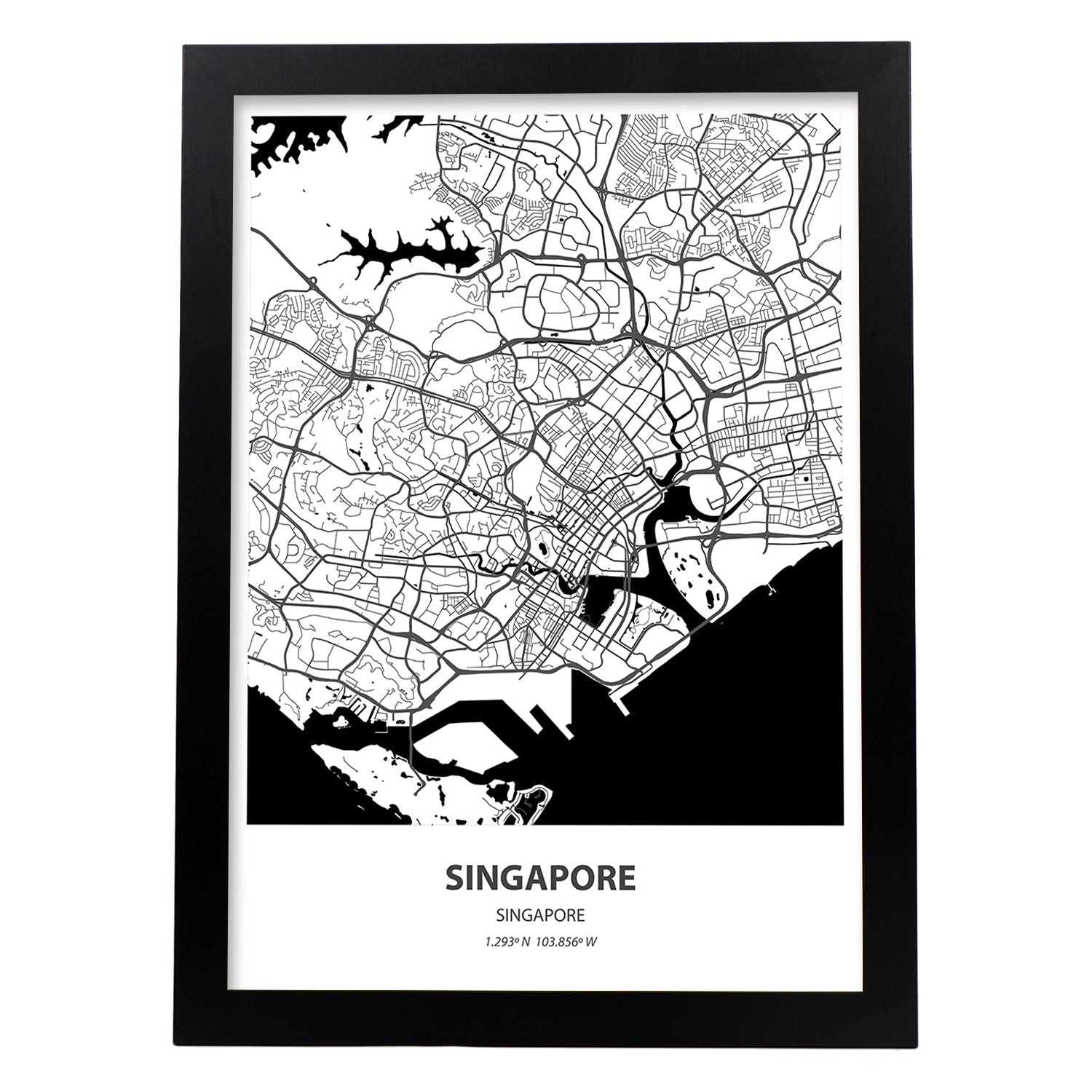 Poster con mapa de Singapur - Singapur. Láminas de ciudades de Asia con mares y ríos en color negro.-Artwork-Nacnic-A3-Marco Negro-Nacnic Estudio SL