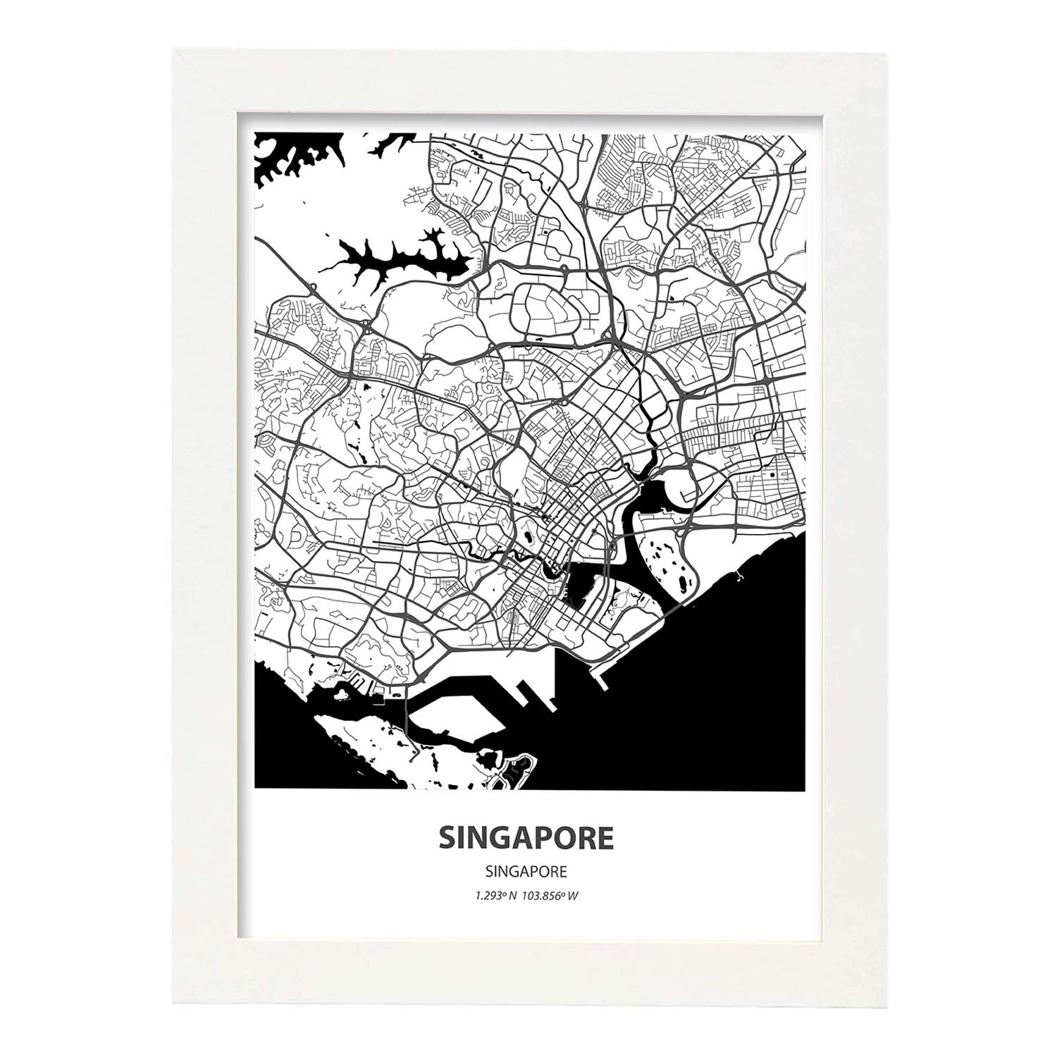 Poster con mapa de Singapur - Singapur. Láminas de ciudades de Asia con mares y ríos en color negro.-Artwork-Nacnic-A4-Marco Blanco-Nacnic Estudio SL