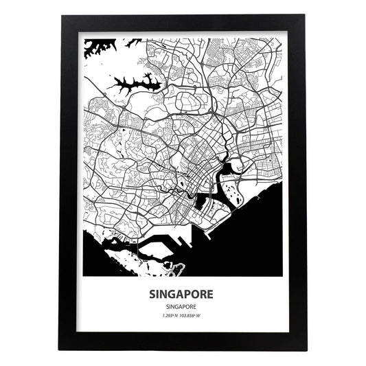Poster con mapa de Singapur - Singapur. Láminas de ciudades de Asia con mares y ríos en color negro.-Artwork-Nacnic-A4-Marco Negro-Nacnic Estudio SL