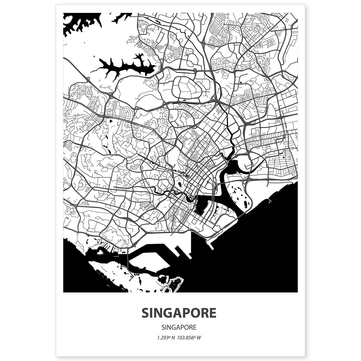 Poster con mapa de Singapur - Singapur. Láminas de ciudades de Asia con mares y ríos en color negro.-Artwork-Nacnic-A4-Sin marco-Nacnic Estudio SL