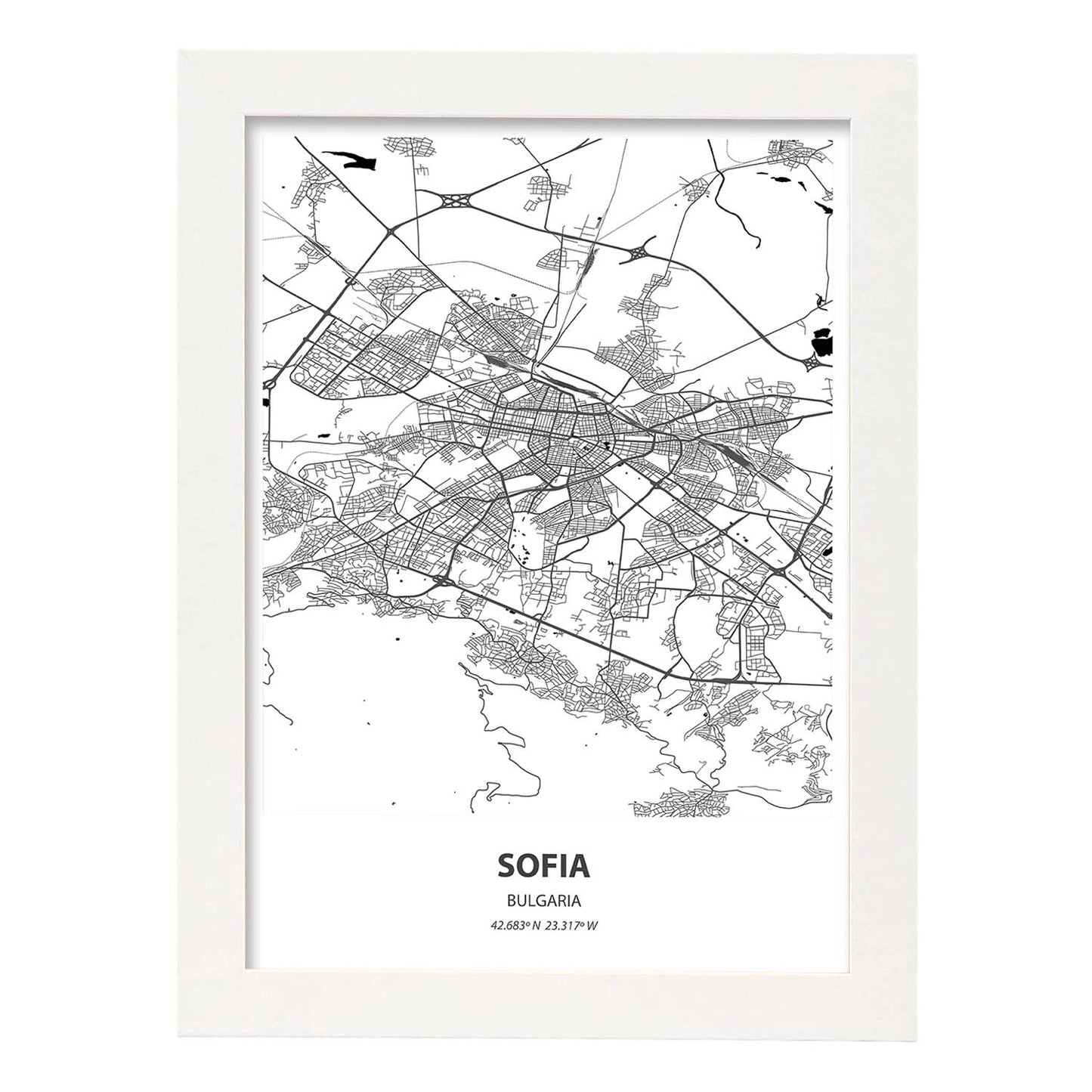 Poster con mapa de Sofia - Bulgaria. Láminas de ciudades de Europa con mares y ríos en color negro.-Artwork-Nacnic-A3-Marco Blanco-Nacnic Estudio SL