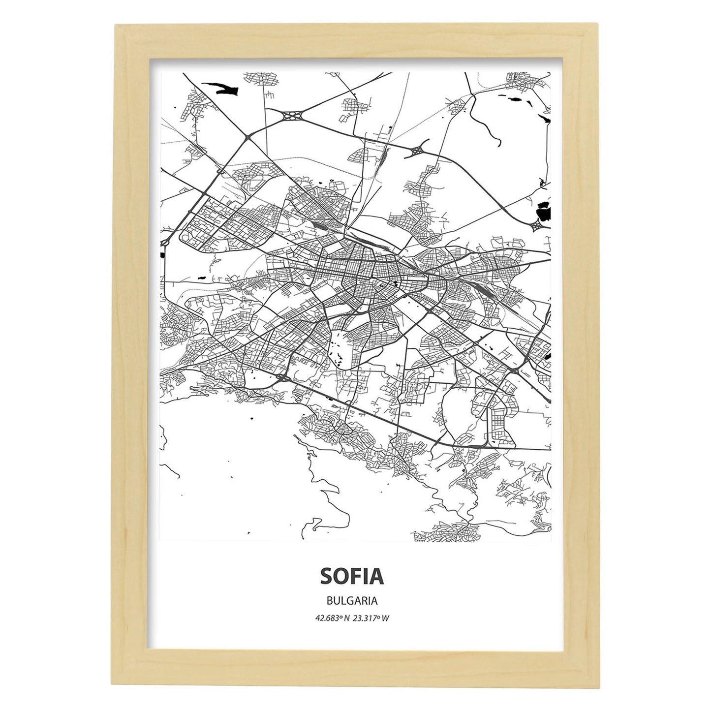 Poster con mapa de Sofia - Bulgaria. Láminas de ciudades de Europa con mares y ríos en color negro.-Artwork-Nacnic-A3-Marco Madera clara-Nacnic Estudio SL