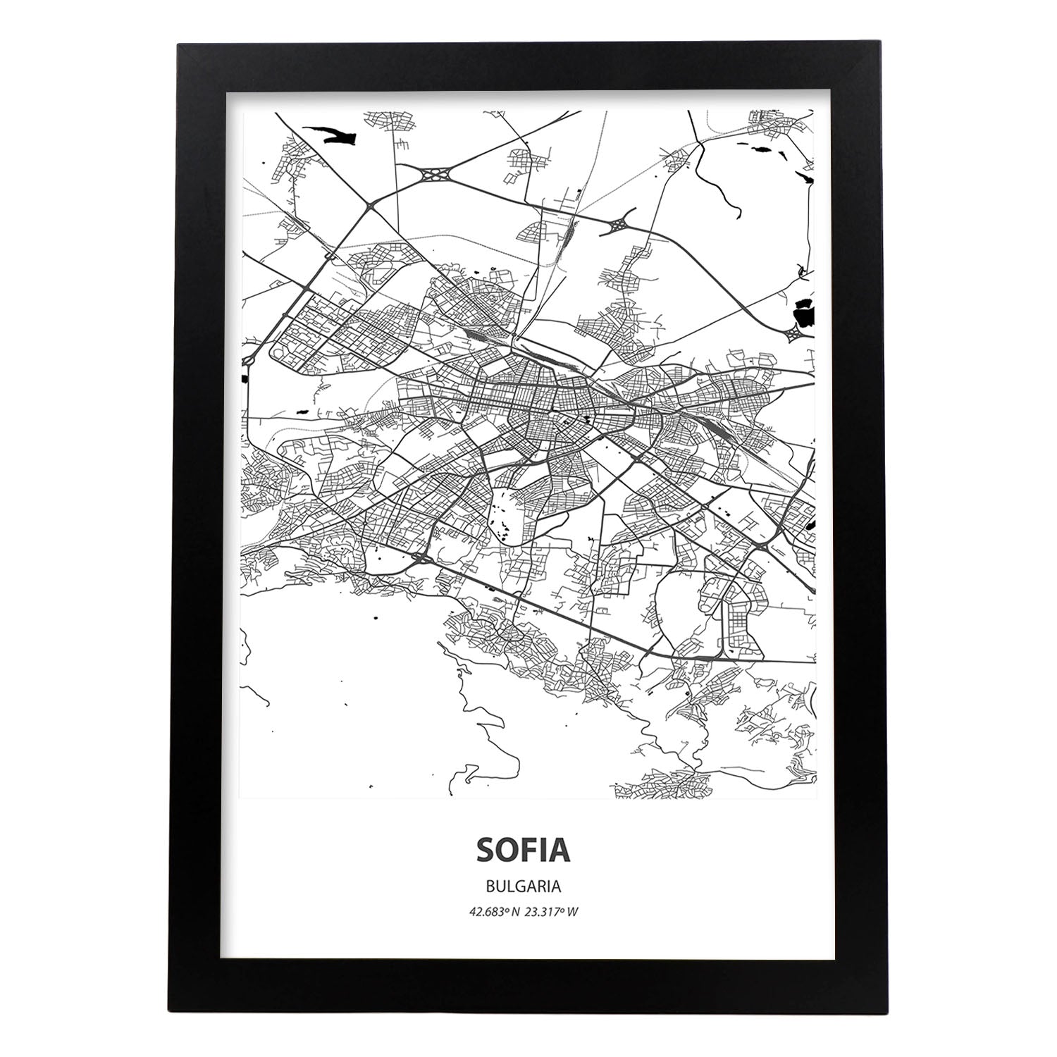 Poster con mapa de Sofia - Bulgaria. Láminas de ciudades de Europa con mares y ríos en color negro.-Artwork-Nacnic-A3-Marco Negro-Nacnic Estudio SL