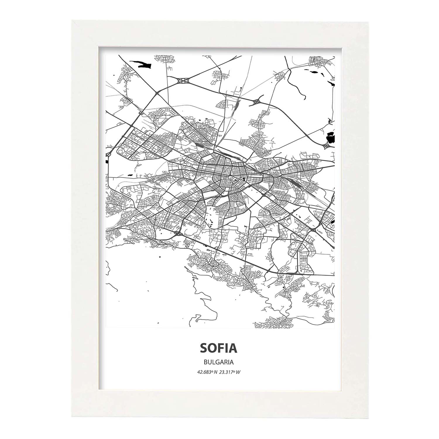 Poster con mapa de Sofia - Bulgaria. Láminas de ciudades de Europa con mares y ríos en color negro.-Artwork-Nacnic-A4-Marco Blanco-Nacnic Estudio SL
