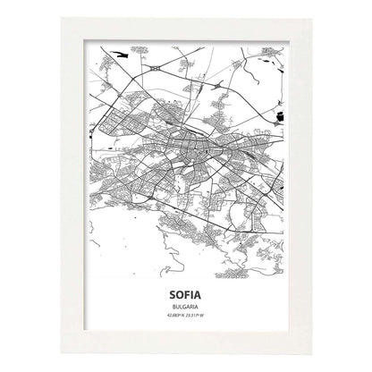 Poster con mapa de Sofia - Bulgaria. Láminas de ciudades de Europa con mares y ríos en color negro.-Artwork-Nacnic-A4-Marco Blanco-Nacnic Estudio SL