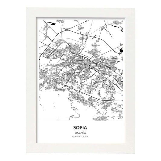 Poster con mapa de Sofia - Bulgaria. Láminas de ciudades de Europa con mares y ríos en color negro.-Artwork-Nacnic-A4-Marco Blanco-Nacnic Estudio SL