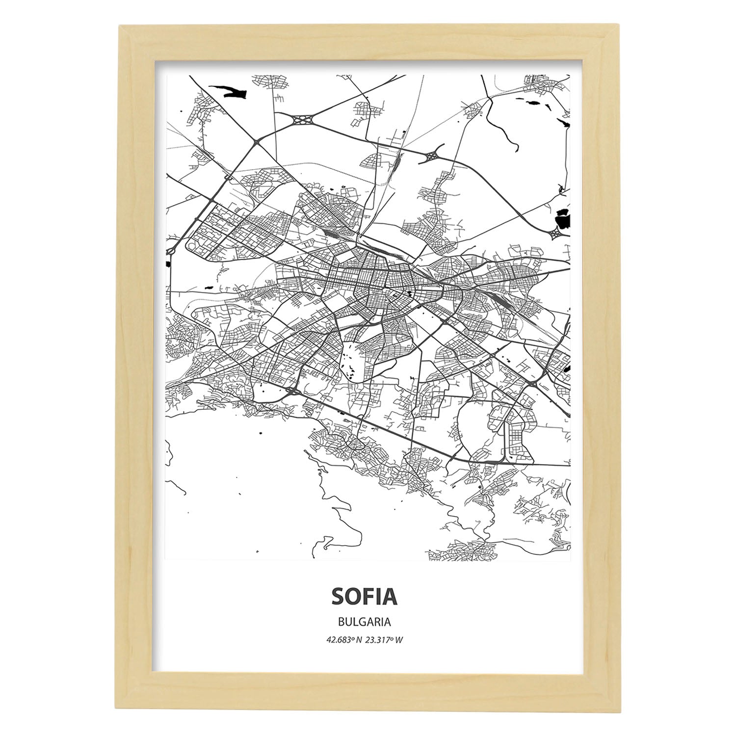 Poster con mapa de Sofia - Bulgaria. Láminas de ciudades de Europa con mares y ríos en color negro.-Artwork-Nacnic-A4-Marco Madera clara-Nacnic Estudio SL