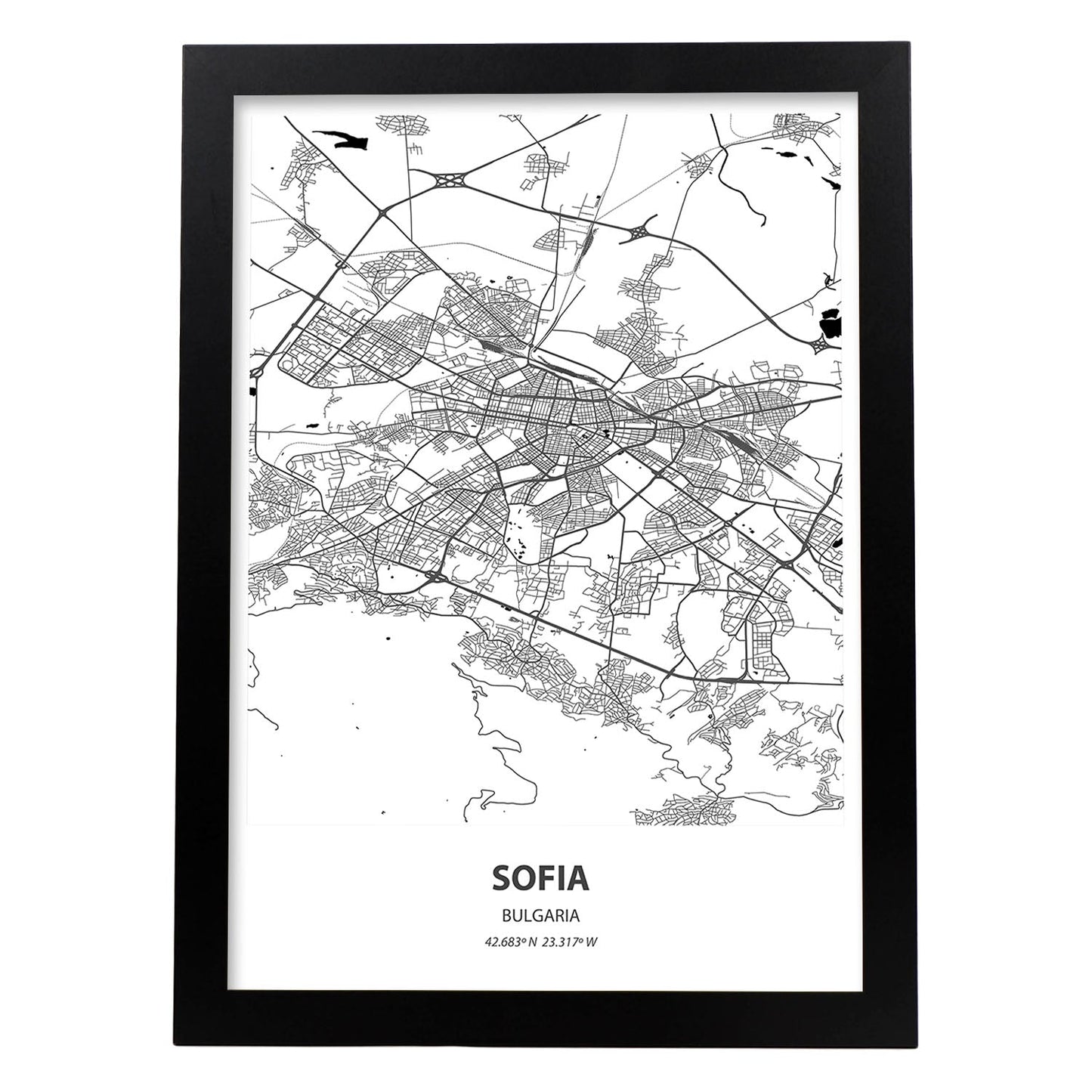 Poster con mapa de Sofia - Bulgaria. Láminas de ciudades de Europa con mares y ríos en color negro.-Artwork-Nacnic-A4-Marco Negro-Nacnic Estudio SL