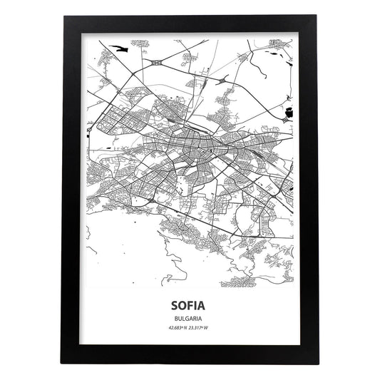 Poster con mapa de Sofia - Bulgaria. Láminas de ciudades de Europa con mares y ríos en color negro.-Artwork-Nacnic-A4-Marco Negro-Nacnic Estudio SL