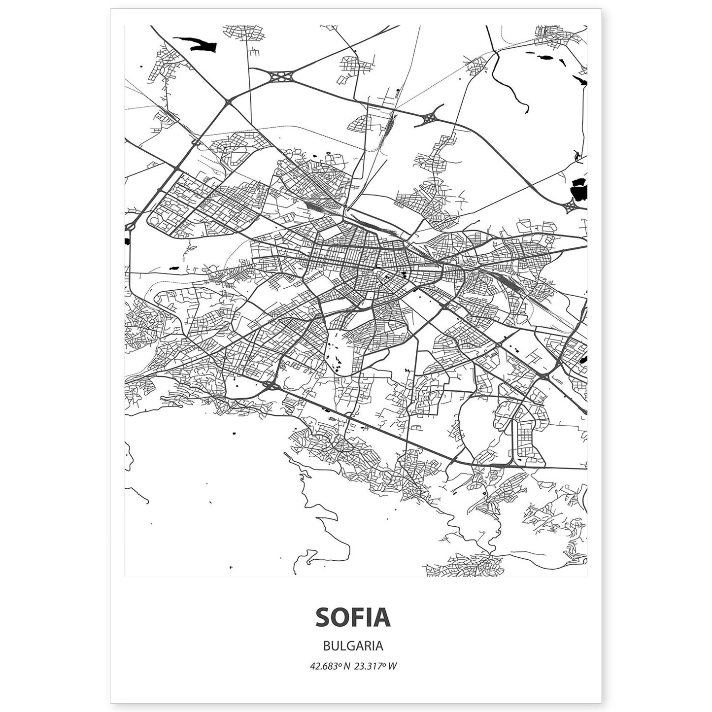 Poster con mapa de Sofia - Bulgaria. Láminas de ciudades de Europa con mares y ríos en color negro.-Artwork-Nacnic-A4-Sin marco-Nacnic Estudio SL