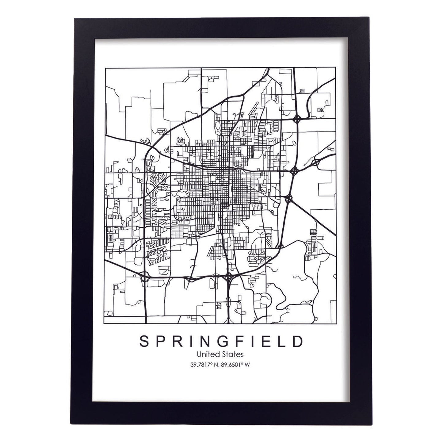 Poster con mapa de Springfield. Lámina de Estados Unidos, con imágenes de mapas y carreteras-Artwork-Nacnic-A3-Marco Negro-Nacnic Estudio SL