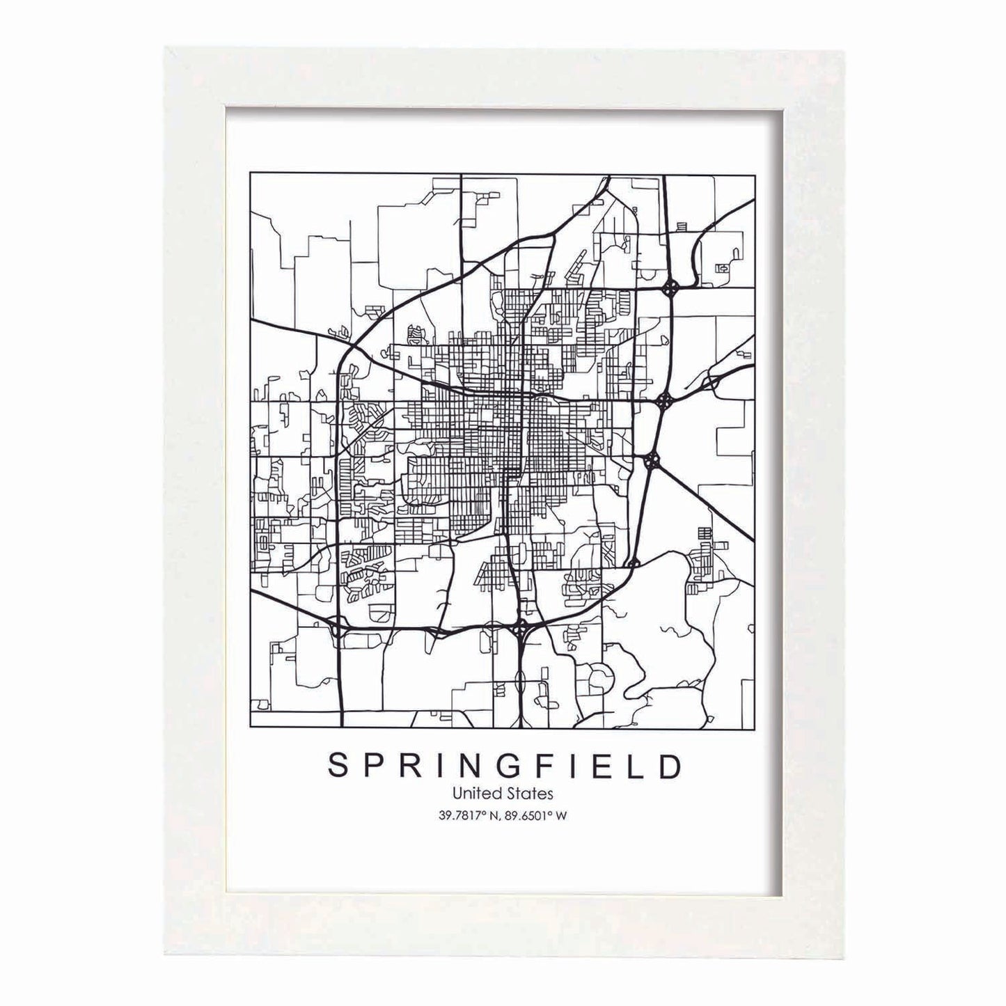 Poster con mapa de Springfield. Lámina de Estados Unidos, con imágenes de mapas y carreteras-Artwork-Nacnic-A3-Marco Blanco-Nacnic Estudio SL