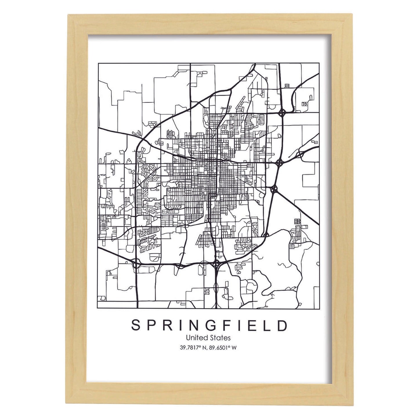 Poster con mapa de Springfield. Lámina de Estados Unidos, con imágenes de mapas y carreteras-Artwork-Nacnic-A4-Marco Madera clara-Nacnic Estudio SL